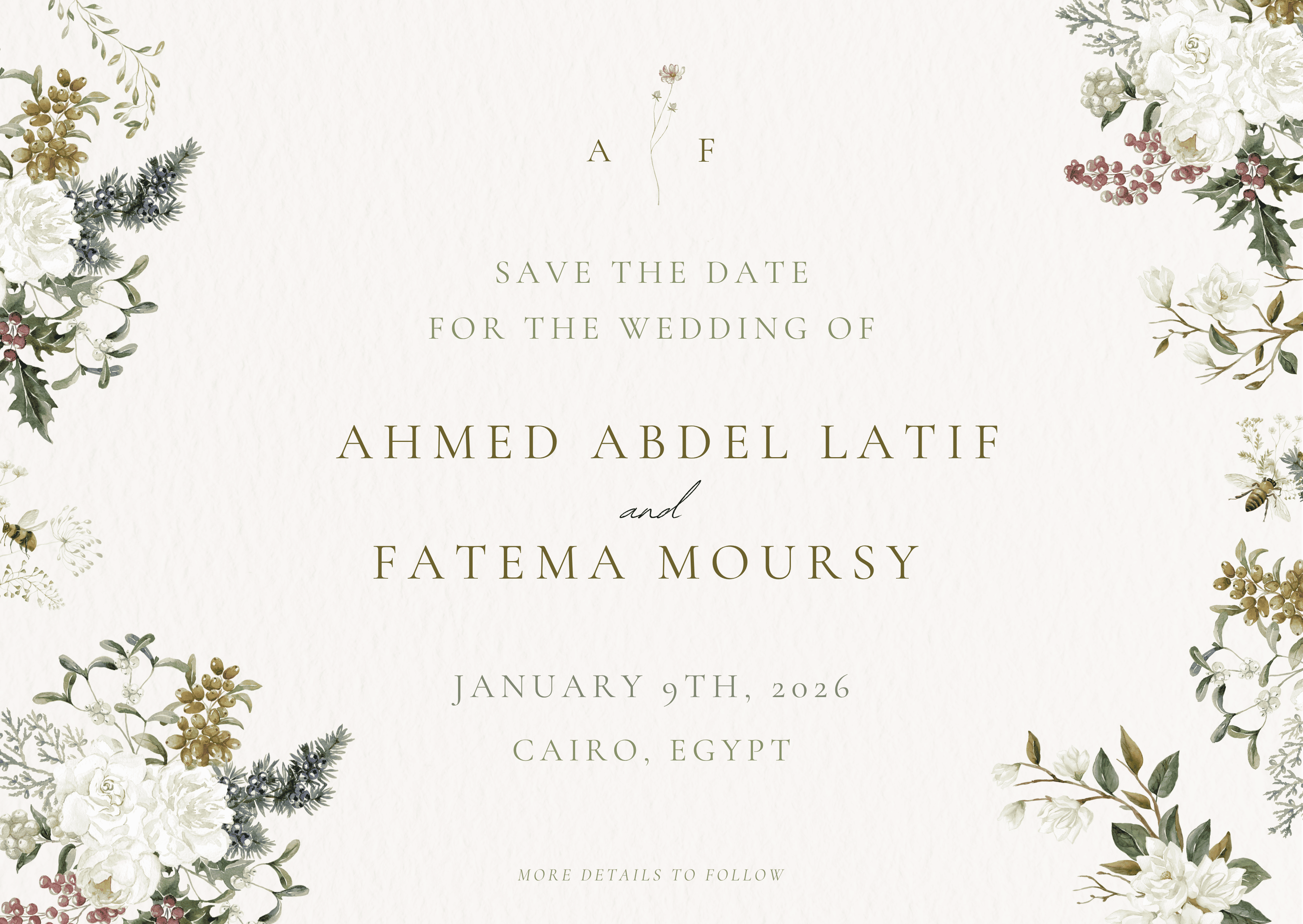 Save the date invitation for Ahmed Abdel Latif and Fatema Moursy